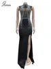 Robes décontractées Joskaa Mesh en strass Voir à travers la robe de soirée patchwork Femmes Sexy Side High Split Bodycon maxi 2024 Party Clubwear