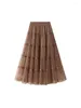 스커트 2024 패션 구슬 계층 Maxi Tutu Tulle Skirt for Women Korean High Street 라인 허리 긴 메쉬 여성