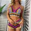 Frauen Badebekleidung Ladies Häkeln gestrickt Badeanzug Summer Sexy Strand Urlaub Splitfarbe gestreiftes zweiteilige Bikinis Sets Verband