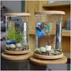 Akvarier 360 grader roterande glas betta fiskbehållare bambu bas mini dekoration rotera skål akvarium tillbehör för kontor253h drop dhdxw