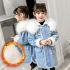 Down Coat Girls kış kot pantolon 2024 tarzı Kore tarzı fırçalanmış ve kalın pamuklu giysiler küçük kız batı büyük kürk