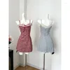 Casual Dresses 2024 Sweet Elegant Plaid One Piece Dress Women Summer Slash Neck Spaghetti Strap Female Off Shoulder Korean Style Clothes