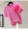 Women's T Shirts KUSAHIKI Chic 3D Flower Color Contrast T-shirt 2024 Summer Korean Slim Solid Casual Versatile Round Neck Top Tees