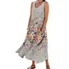 Casual Dresses Women's Summer Cotton And Round Neck Sleeveless Pocket Retro Floral Breathable Dress Long Linen Wrap