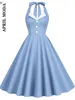 Casual jurken 2024 Blue Hepburn Style 50s 60s 60s Vintage Dress A-Line Backless Halter Pin Up Rockabilly Dames Summer Retro Party Vestidos