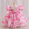 Robes de fille Présence de fleur préscolaire Mesh bulle à manches courtes Robe princesse v-bow Decoration Sweet Holiday Style Seaside Camping # M139L240508