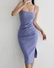 Casual Dresses Women Straight Neck Ruched Design Midi Dress With Thigh Split