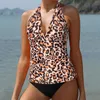 Kvinnors badkläder 2024 Kvinnor Tankini Set Bikini Fashion Leopard Tryckt V Neck hängande baddräkt Hög midja Två bit