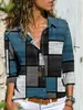女性用ブラウス2024ファッションシャツ幾何学的なブロック印刷ボタン長袖カジュアルシャツフィットサマー服