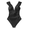 Solid Black Swimwear Ruffled Ruffled Swimsuit Women Sexy Lace Up Monokini