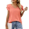 女性用ブラウス快適なルーズフィットTシャツスタイリッシュなダブルレイヤーラッフルVネックコレクション夏のためのソリッドカラーストリートウェア