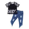 Vêtements ensembles Petites filles tenue vêtements d'été à manches courtes étoiles Sheer Tops Tops Sling Camisole Long Ripped Elastic Band Denim Pantalon