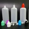 Enkla 120 ml flaskor PE mjuk genomskinlig tom LDPE -droppare 120 ml plastflaskor med långa tunna nålspetsar barnsäkra mössor för ångsaftförpackningsflaska