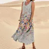 Casual Dresses Women's Summer Cotton And Round Neck Sleeveless Pocket Retro Floral Breathable Dress Long Linen Wrap