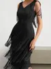 Casual Dresses Red Tassel Party V Neck Sleeveless High Waist Women Fringe Dance Evening Birthday Gowns Sexy Club Loose Robe