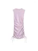 Casual Dresses Summer 2024 Womens Fashion Side DrawString Pleated Mini Dress Ladies Elegant O-Neck ärmlös Slim Purple Short