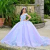 Glitter lilac Sky Blue Off the ombro Quinceanera vestido de baile Applique Lace Bow Beading Corset Sweet 16 Vestidos de XV 15 Anos