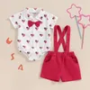 Kläduppsättningar Småbarn Boy Gentleman Outfit Patriotic Heart Print Button Romper med Bow Tie och Suspender Shorts Set for Formal Wear