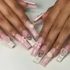 Nainas falsas 24 piezas de ataúd uñas falsas diseños de mariposas grn diseños de uñas falsas con diamantes de imitación brillantes portadas de cubierta completa francesa en las uñas T240507