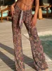 Kvinnor Sexig Mesh Beach Dress Sheer Long Cover Up Sticked Tunic Female Print Swimsuit Bikini Sarong Badkläderbyxor 240507