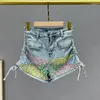 Feme's Jeans Girls Shorts 2024 Été Stretch Denim High Waist Slim Exquis Rhingestone Wide Jam Femme Pantalon