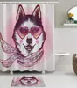 Cortina de chuveiro de tecido e tapetes Sethipster Husky Dog com óculos de sol Hearts e cachecol de moda de moda de animais de água à prova de água Bath4930437