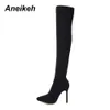 2024 Fashion Speced Toe Over-the-Knie-Ferse Oberschenkel hohe Frauenstiefel Stretch Stoffstiefel Stiefel Botas Mujer Schuh Größe 35-42