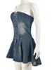 Robes décontractées Krisesseen Sweet Blue Denim sans bretelles Corset Flare Mini Robe Robe Lace-Up Skater Festival Tenues Sexy Clubwear