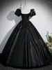 Parti Elbiseleri Siyah Elbise Kadın Giyim Düz Renk Elmas V Yez Kısa Kollu Uzun A-Line Etek Zarif Akşam Elbisesi M358