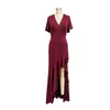 Feestjurken jonge dames zomer verkopen korte mouw v-hals mode temperament elegante solide kleur niche design split jurk
