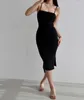 Casual Dresses Women Straight Neck Ruched Design Midi Dress With Thigh Split