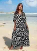 Plus Size Boho Schwarzer weißer Leopardenmuster Kaftan Beach Cover ups für Frauen 2024 Sommer Lose Caftan House Kleid Q1609