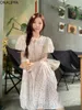 Robes de fête onalippa petit maxi floral frais pour les femmes gonfle des manches courtes coffes élastiques robe douce vestiaire coréen haut de taille vestide