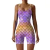 Frauen Badekleidung Badeanzug Digital 3D Fish Scale Print Bodysuit Square Neck Shorts Rippen Rompers Training Jumpsuit Badeanzug