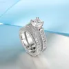 Wedding Rings Elegant Wedding Engagement Couple Rings Set 925 Sterling Silver Color Anniversary Accessory With Full Shiny Cubiz Zircon Stone