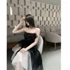 Robes de travail Summer Fashion Femmes Jupe Set 3D Rose Mesh Bra Tube Top Gradient Irrégulet long Black Two Piece Tenues