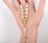 Religiös vintage bön Kvinnor Christian Bead Chain Glass Pearl Katolska radbandsarmband Guldfärg 2110146891740