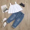 Kleidungssets 2024 2-6 Jahre Mädchen Sommer 2pcs Hosen weiße ärmellose Cami Tops Blau zerrissener Denim