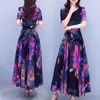Partykleider A-Line Kleid Bohemian Blumendruck Midi für Frauen hoher Taillenschwung Stil mit kurzen Ärmeln rund Sommer