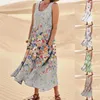 Casual Dresses Women's Summer Cotton And Round Neck Sleeveless Pocket Retro Floral Breathable Dress Long Linen Wrap