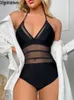 Swimwear féminin Vigoashely 2024 Sexy Black Tie Strap Swimwwear Womens Mesh Splicing Work One Piece Swimwear Monokini Backless Swimswear WX