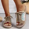 Slippers Women's 2024 Summer Open Toe Flat Crystal Mesh Shoes Комфортно для дыхания кружева zapatos