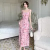 Sukienki swobodne w stylu francuskim retro siatka dla kobiet różowe eleganckie kwieciste kwieciste sami seksowne damskie mody sukienki mody bez ramiączek