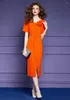 Feestjurken zjyt elegante zomer voor vrouwen 2024 luxe knoppen 3d bloemen midi rechte avondjurk korte mouw sinaasappelgewaad