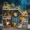 Miniatures European Retro DIY Wooden Magic Doll House Ornaments Miniature Building Kits With Furniture LED Light Home Decor Handmade Gifts