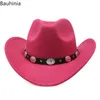 Bauhinia Vintage Western Cowboy Hat for Men Autumn Winter Brim Wide Felt Fedoras Hats Cowgirl Igreja Chapéu de Mulheres 240428