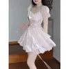 Party Dresses Women Summer Pink Sweet Ball Gown 2024 Lady Bandage Square Collar Short Sleeve Mini Dress Mesh Fairy Female