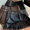 Röcke Frauen Faux Leder Rock Damen Nachahmung Mini mit Gürteldetail plissierte hohe Taille A-Line Short Streetwear