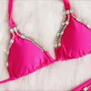 Mutade feminina Jyojyo Sexy Diamond Bikini Conjunto 2024 Push rosa brilhante Mulheres de maiô de cordas de nadar de cabeceira 2 peças de banho de banho de banho