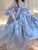 Casual klänningar retro stil lolita jsk klänning med avtagbara ärmar blå hängslen vacker flicka söt chic 2024